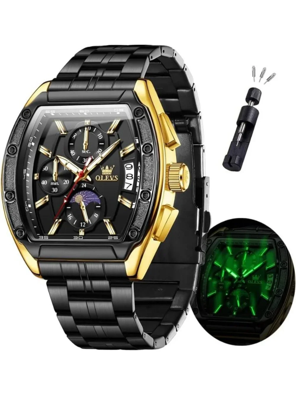 Men's Black Chronograph Rectangle Stainless Steel Luminous Quartz Classic Watch